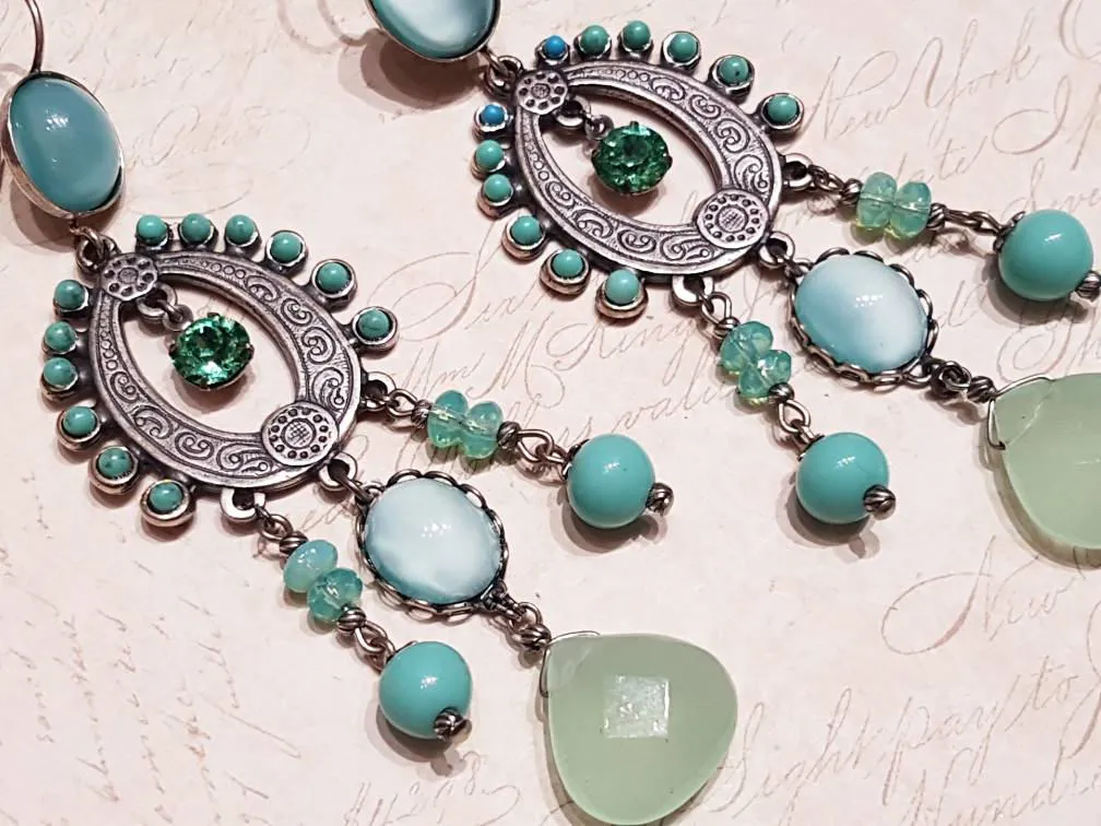 Askew London Blue Green Glass Chandelier Earrings Silver