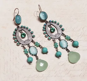Askew London Blue Green Glass Chandelier Earrings Silver