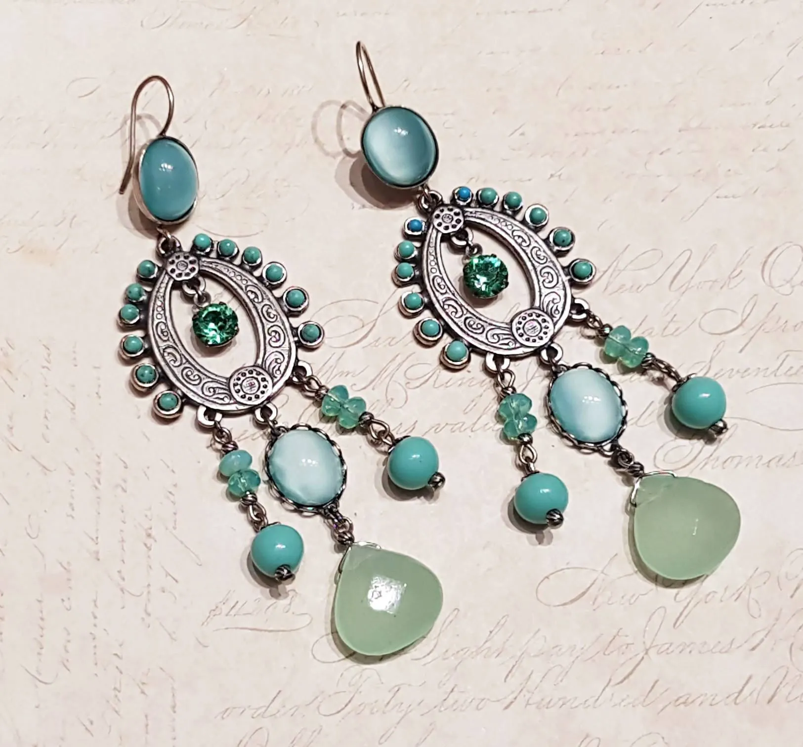 Askew London Blue Green Glass Chandelier Earrings Silver