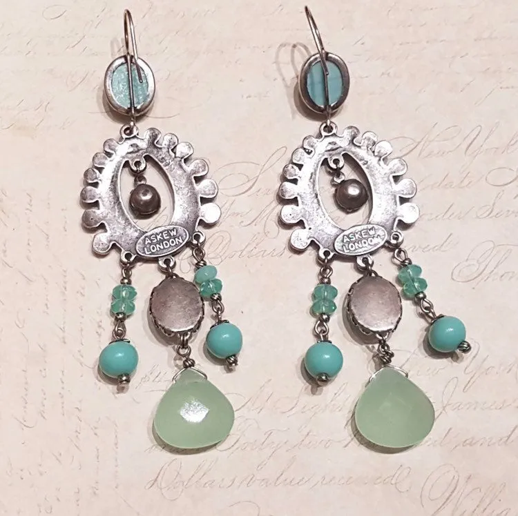 Askew London Blue Green Glass Chandelier Earrings Silver