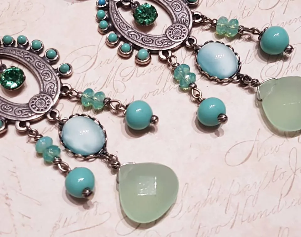 Askew London Blue Green Glass Chandelier Earrings Silver