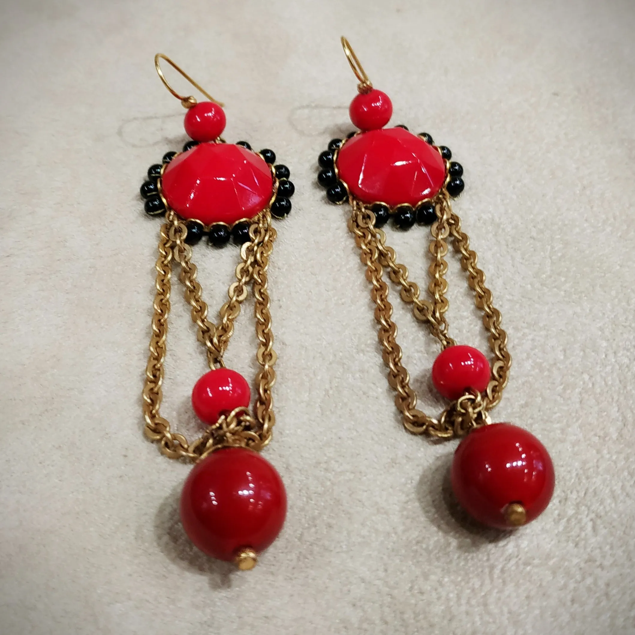 Askew London Clip on Chandleier Earrings Gold Red Statement Unsigned