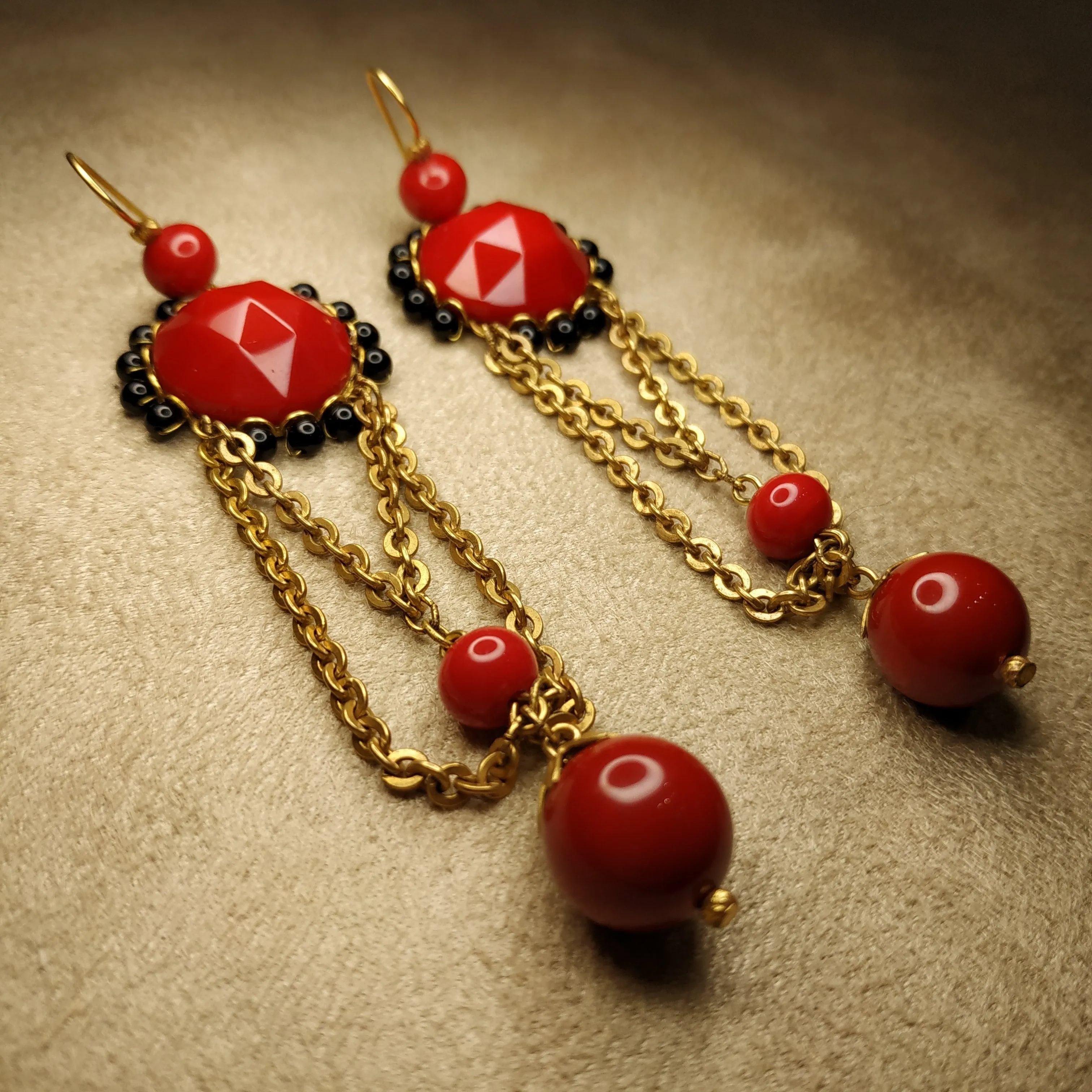 Askew London Clip on Chandleier Earrings Gold Red Statement Unsigned