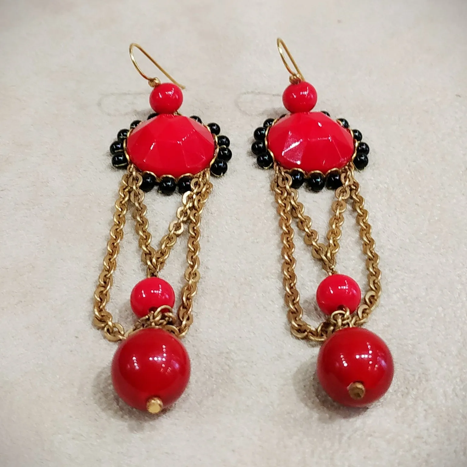 Askew London Clip on Chandleier Earrings Gold Red Statement Unsigned