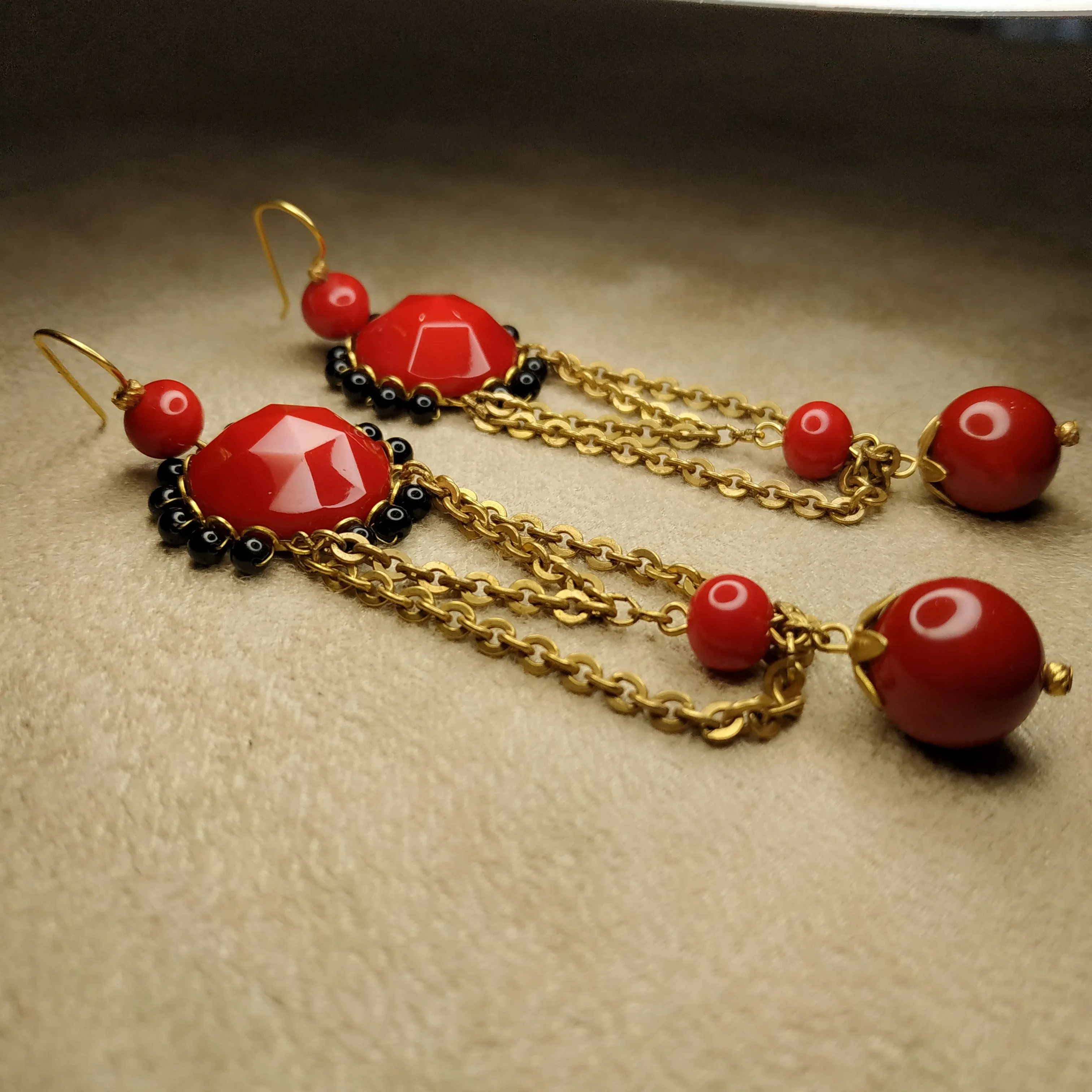 Askew London Clip on Chandleier Earrings Gold Red Statement Unsigned