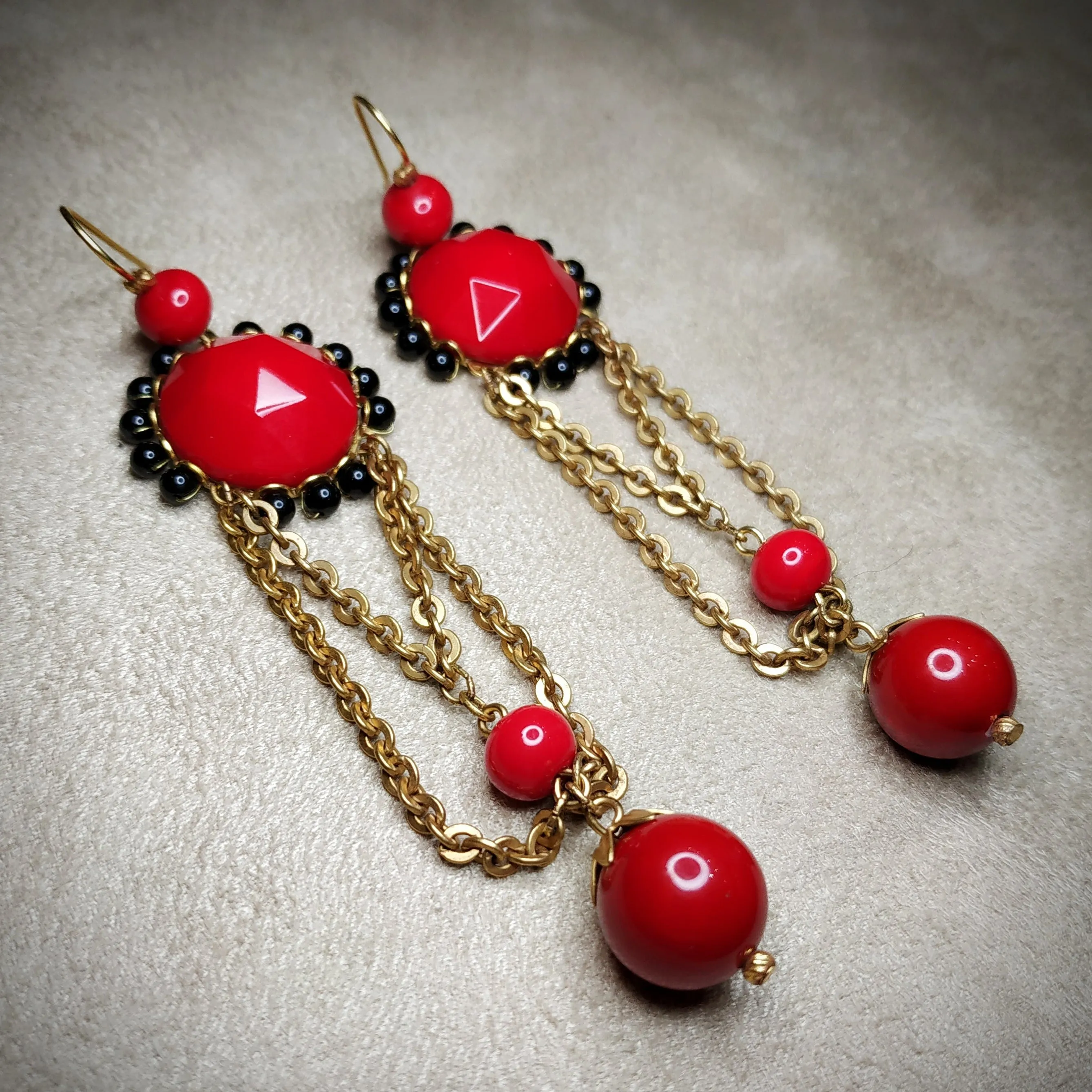 Askew London Clip on Chandleier Earrings Gold Red Statement Unsigned