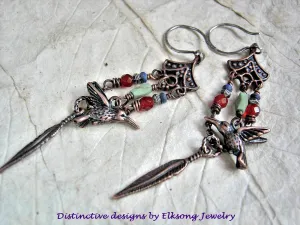 Autumn Hummingbird Earrings, Colorful Gemstone & Copper