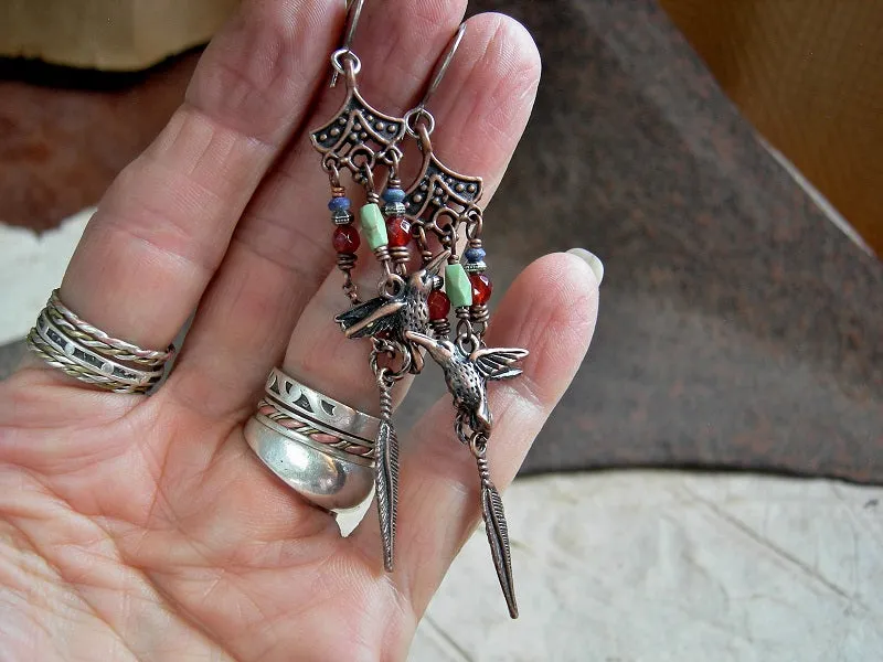 Autumn Hummingbird Earrings, Colorful Gemstone & Copper
