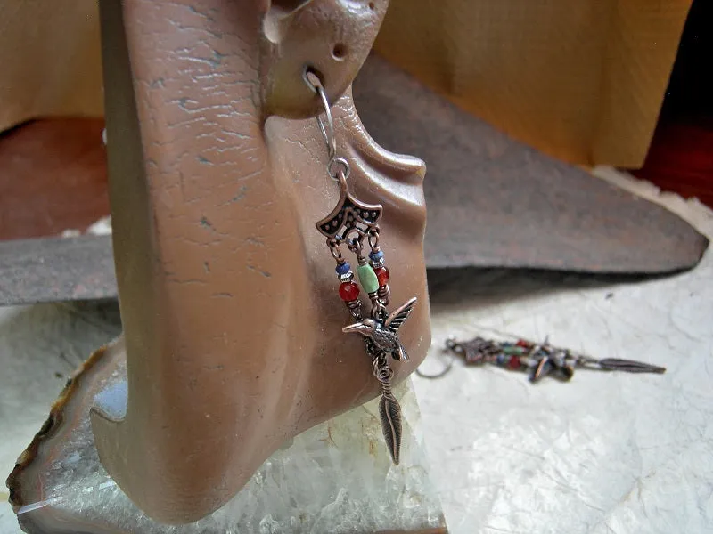 Autumn Hummingbird Earrings, Colorful Gemstone & Copper