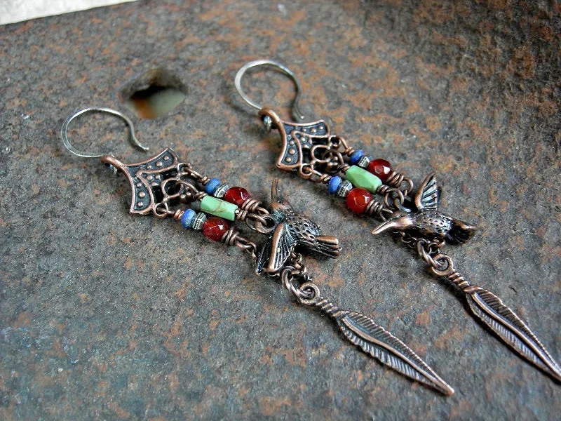 Autumn Hummingbird Earrings, Colorful Gemstone & Copper
