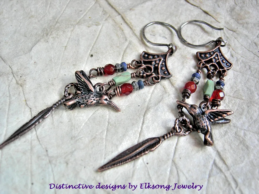Autumn Hummingbird Earrings, Colorful Gemstone & Copper