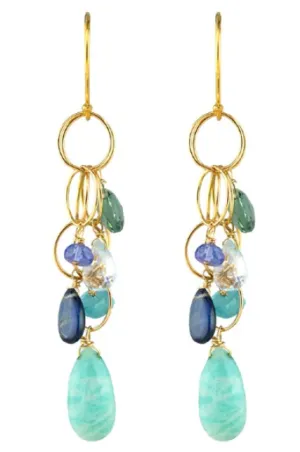 AVF Gold Amazonite, Kyanite, Tanzanite, Topaz, Apatite & Quartz Circle Chain Earrings (SI6812)
