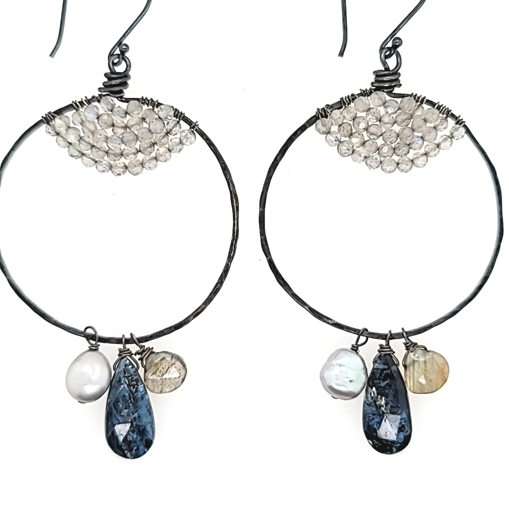 AVF Oxidized Blue Quartz, Pearl & Labradorite Drop Hoop Earrings (SI2963)