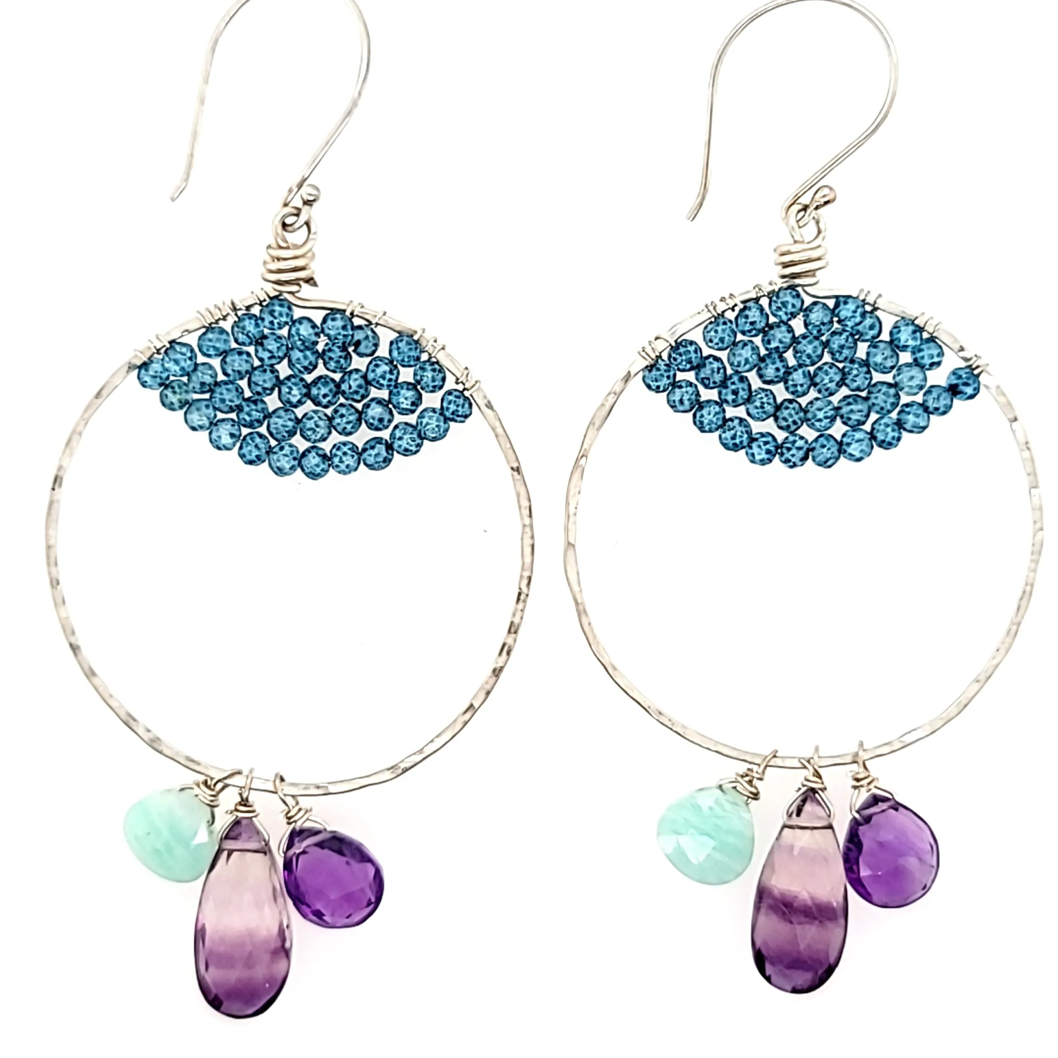AVF Silver Fluorite, Amazonite, Amethyst & Blue Quartz Dangle Hoop Earrings (SI2934)