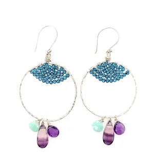 AVF Silver Fluorite, Amazonite, Amethyst & Blue Quartz Dangle Hoop Earrings (SI2934)