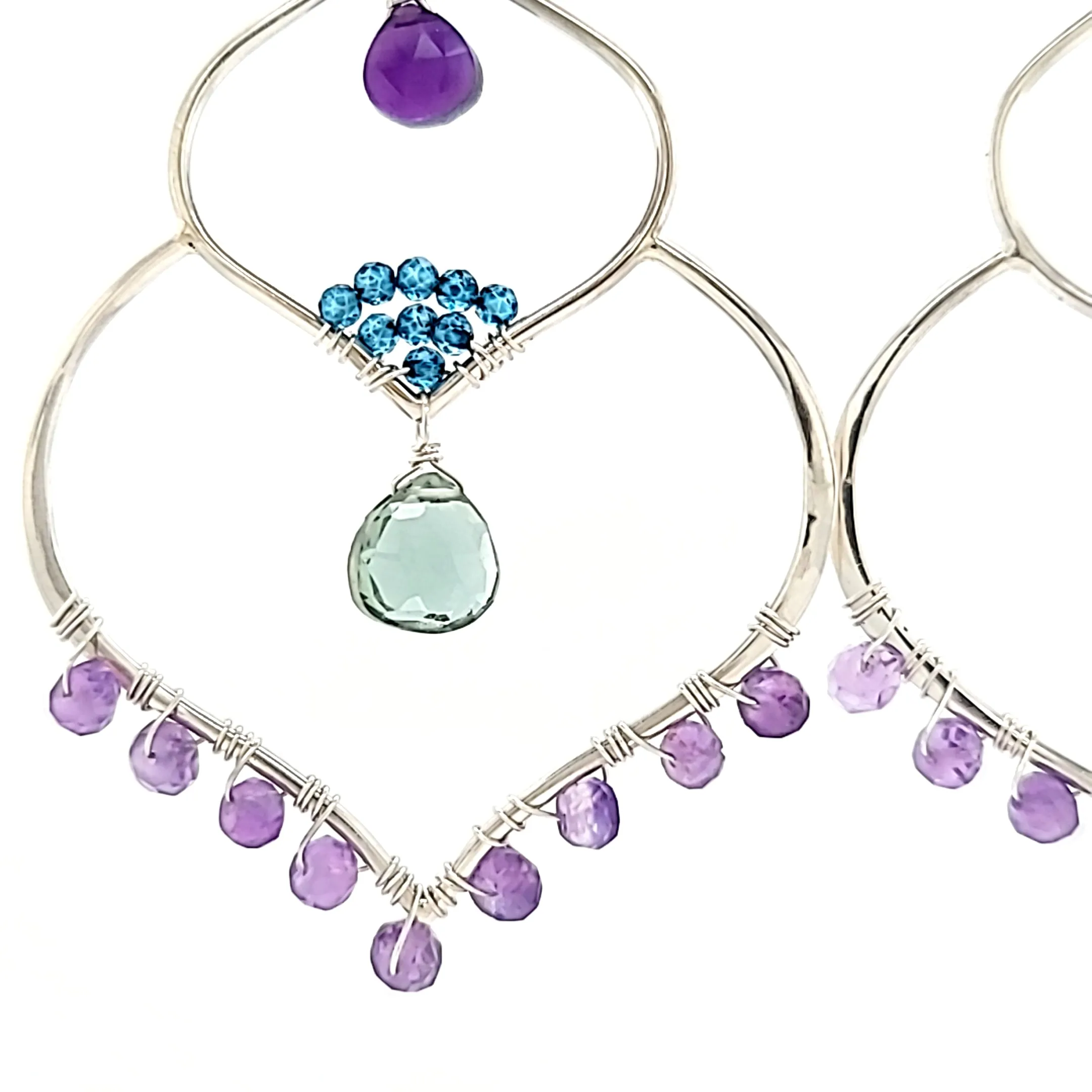 AVF Silver Moroccan Inspired Amethyst & Blue & Green Quartz Large Dangle Earrings (SI3758)