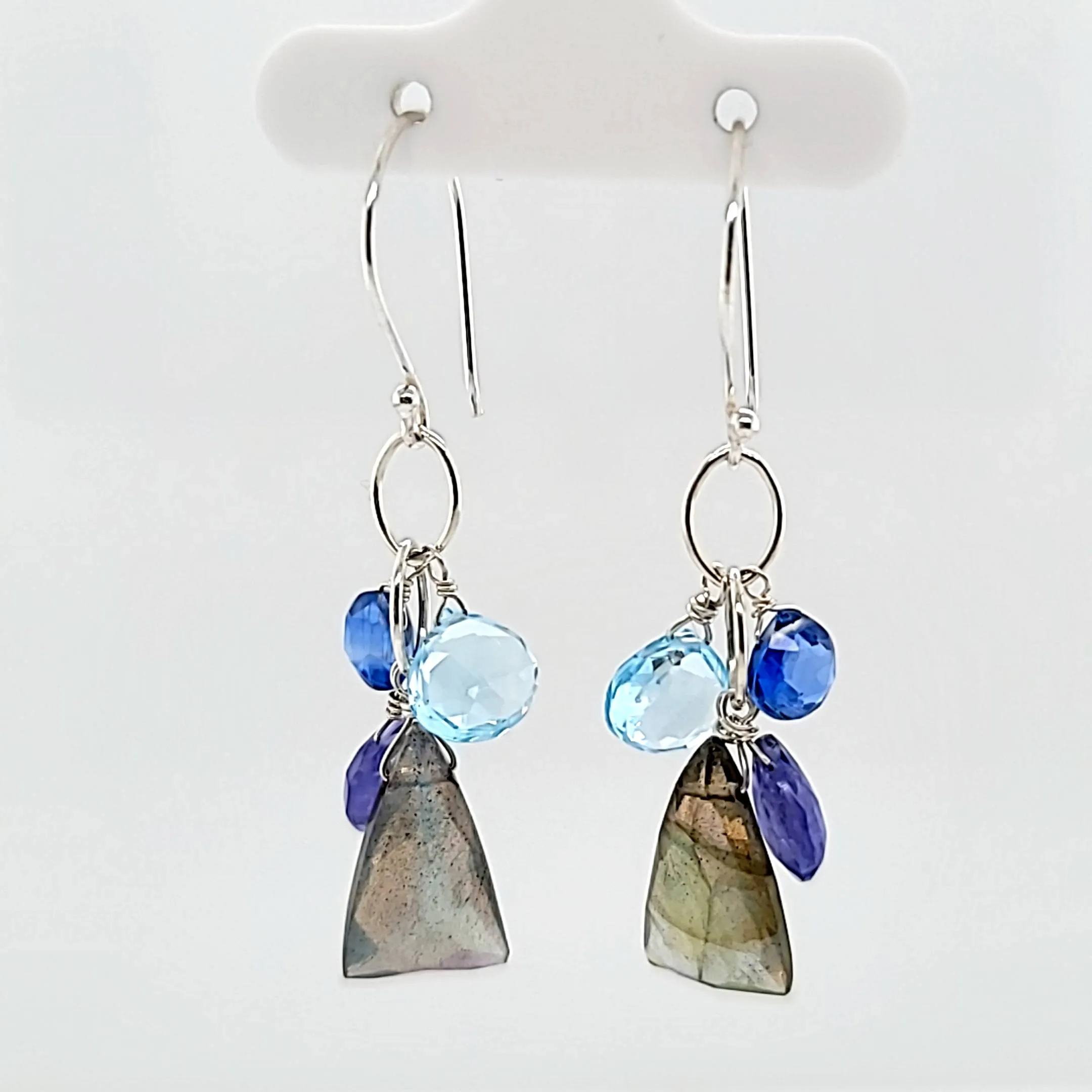 AVF Silver Trillion Cut Labradorite, Kyanite, Tanzanite & Blue Topaz Cluster Earrings (SI3781)