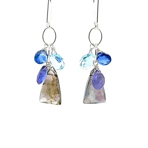 AVF Silver Trillion Cut Labradorite, Kyanite, Tanzanite & Blue Topaz Cluster Earrings (SI3781)