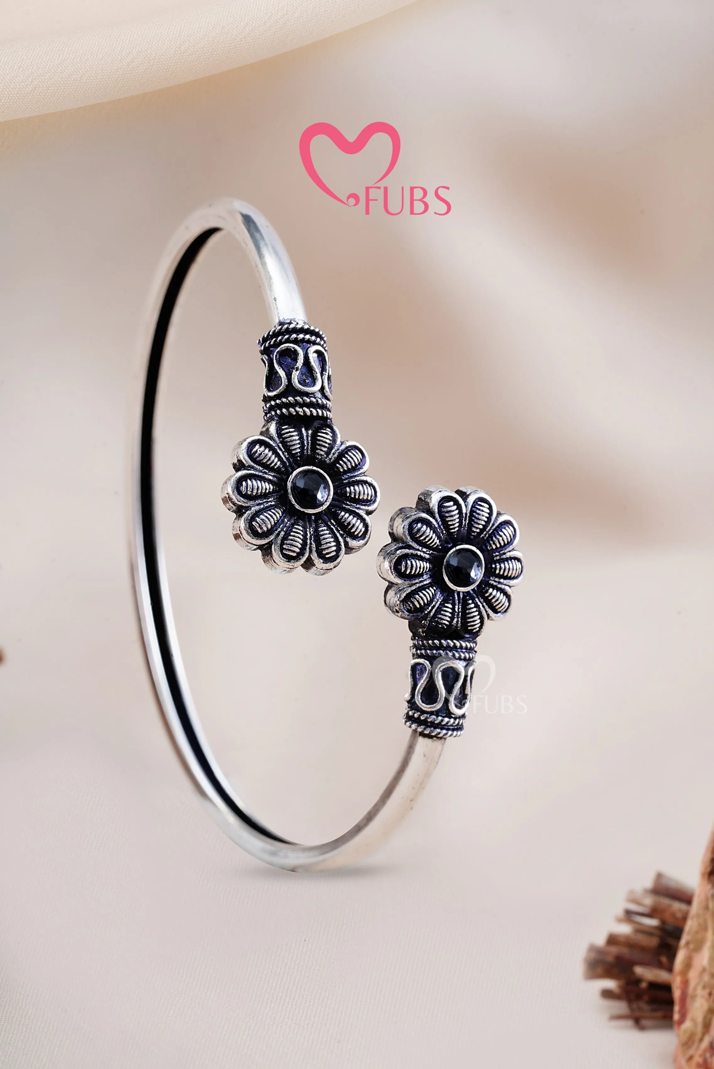 Black Stone Studded Oxidized Cuff Bracelet
