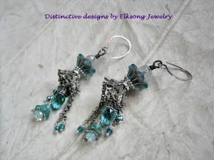 Blue Skies Crystal & Flower Chandelier Earrings, Antiqued Silver Chain Falls