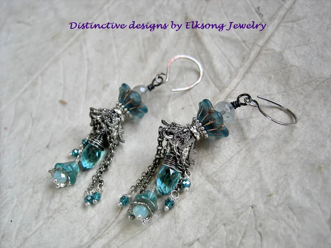 Blue Skies Crystal & Flower Chandelier Earrings, Antiqued Silver Chain Falls