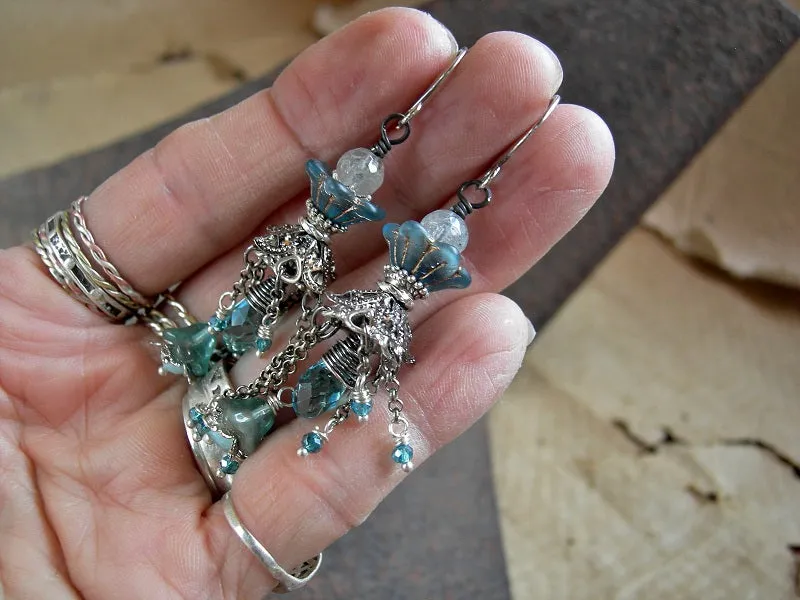 Blue Skies Crystal & Flower Chandelier Earrings, Antiqued Silver Chain Falls