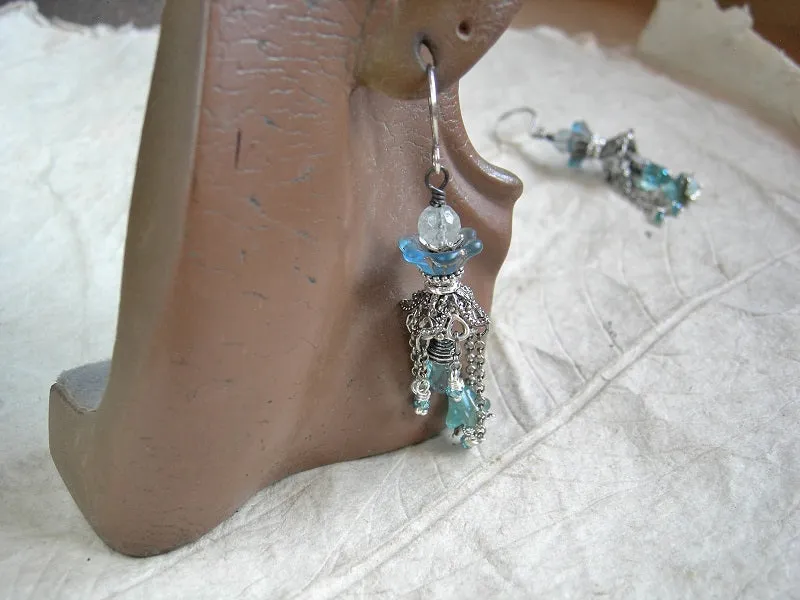 Blue Skies Crystal & Flower Chandelier Earrings, Antiqued Silver Chain Falls
