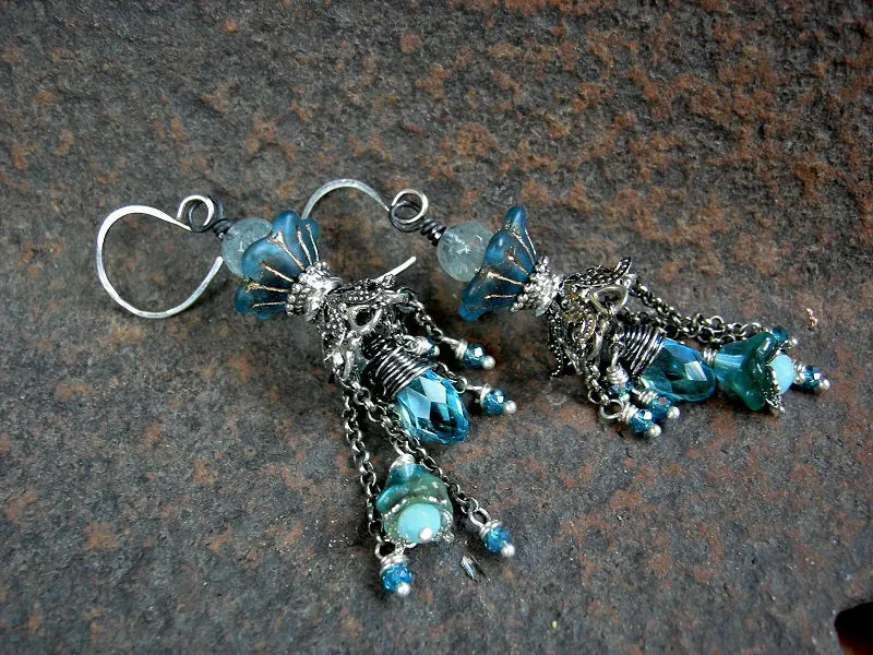 Blue Skies Crystal & Flower Chandelier Earrings, Antiqued Silver Chain Falls