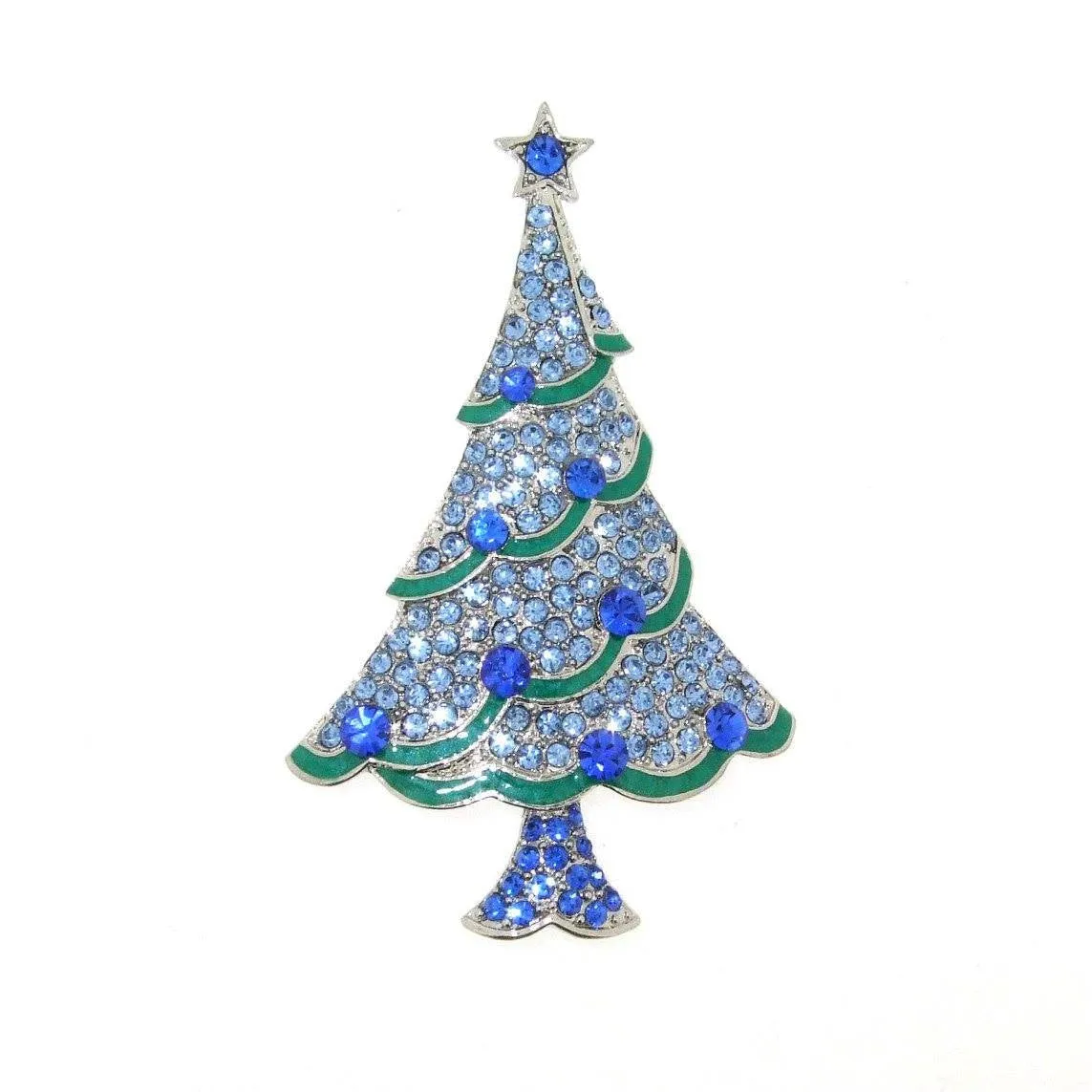 Christmas Tree Brooch Blue Crystal gold plated