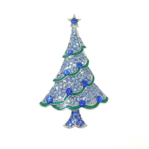 Christmas Tree Brooch Blue Crystal gold plated