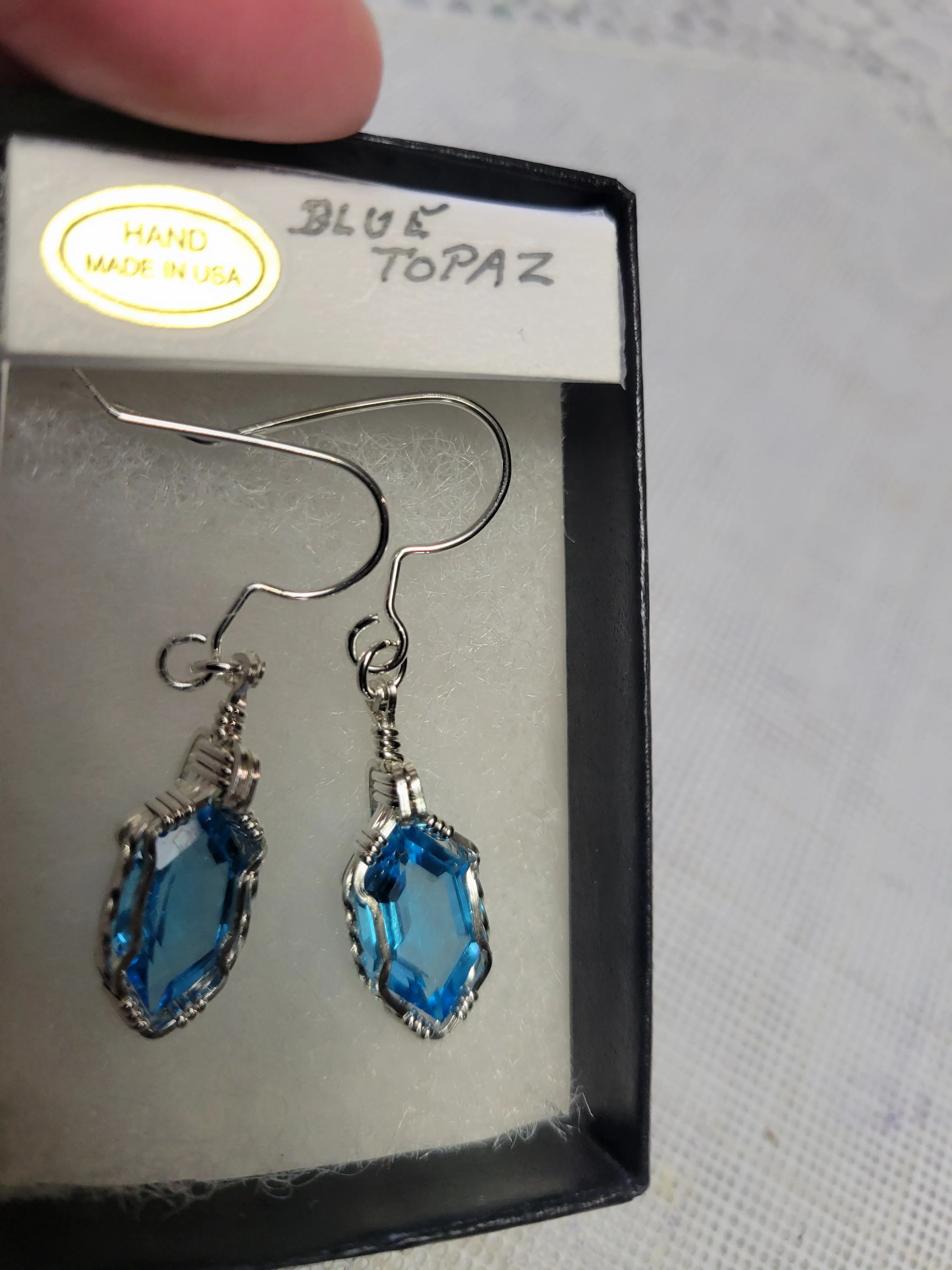 Custom Wire Wrapped Faceted Blue Topaz Earrings 8 ct Sterling Silver