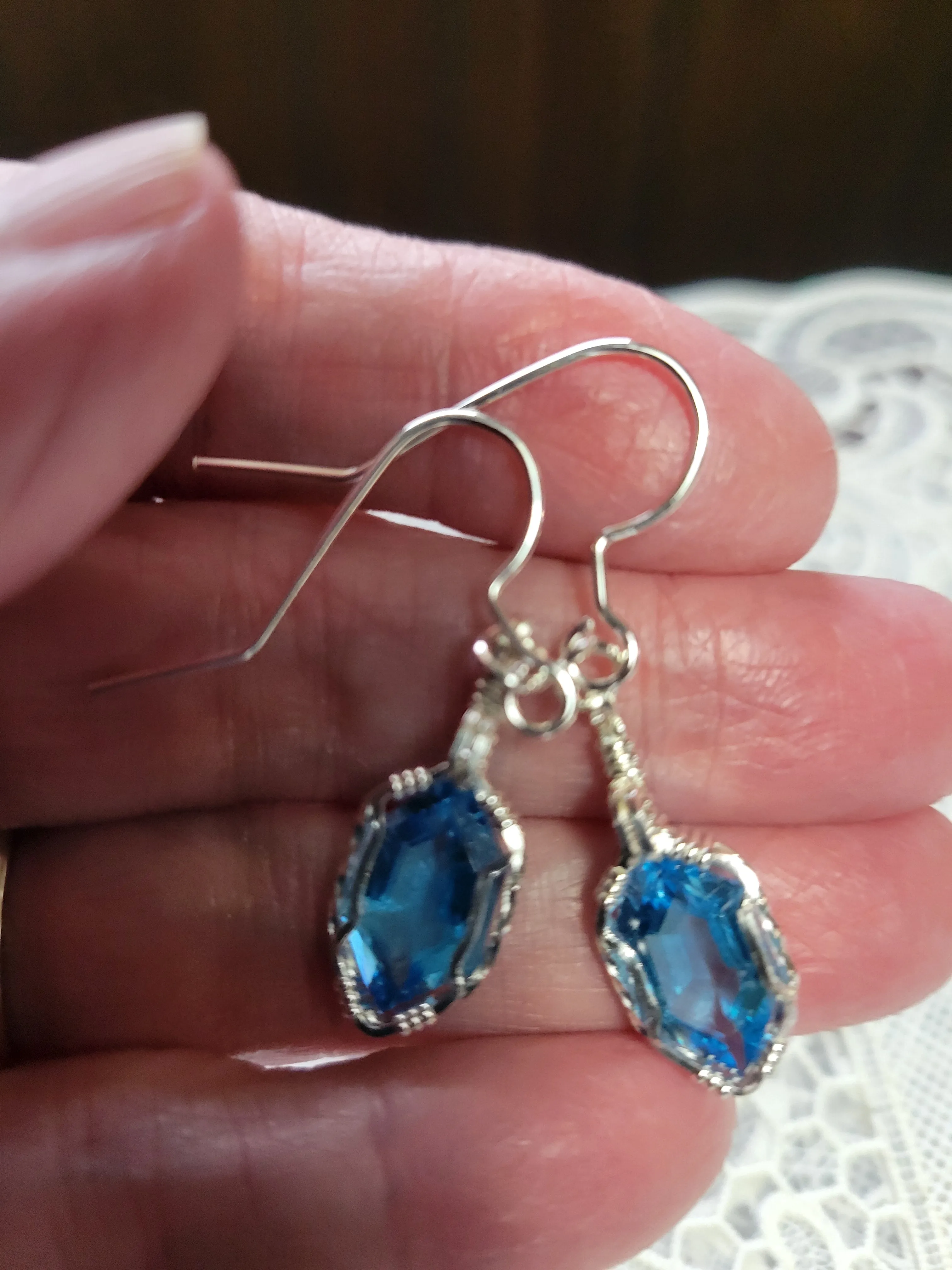 Custom Wire Wrapped Faceted Blue Topaz Earrings 8 ct Sterling Silver