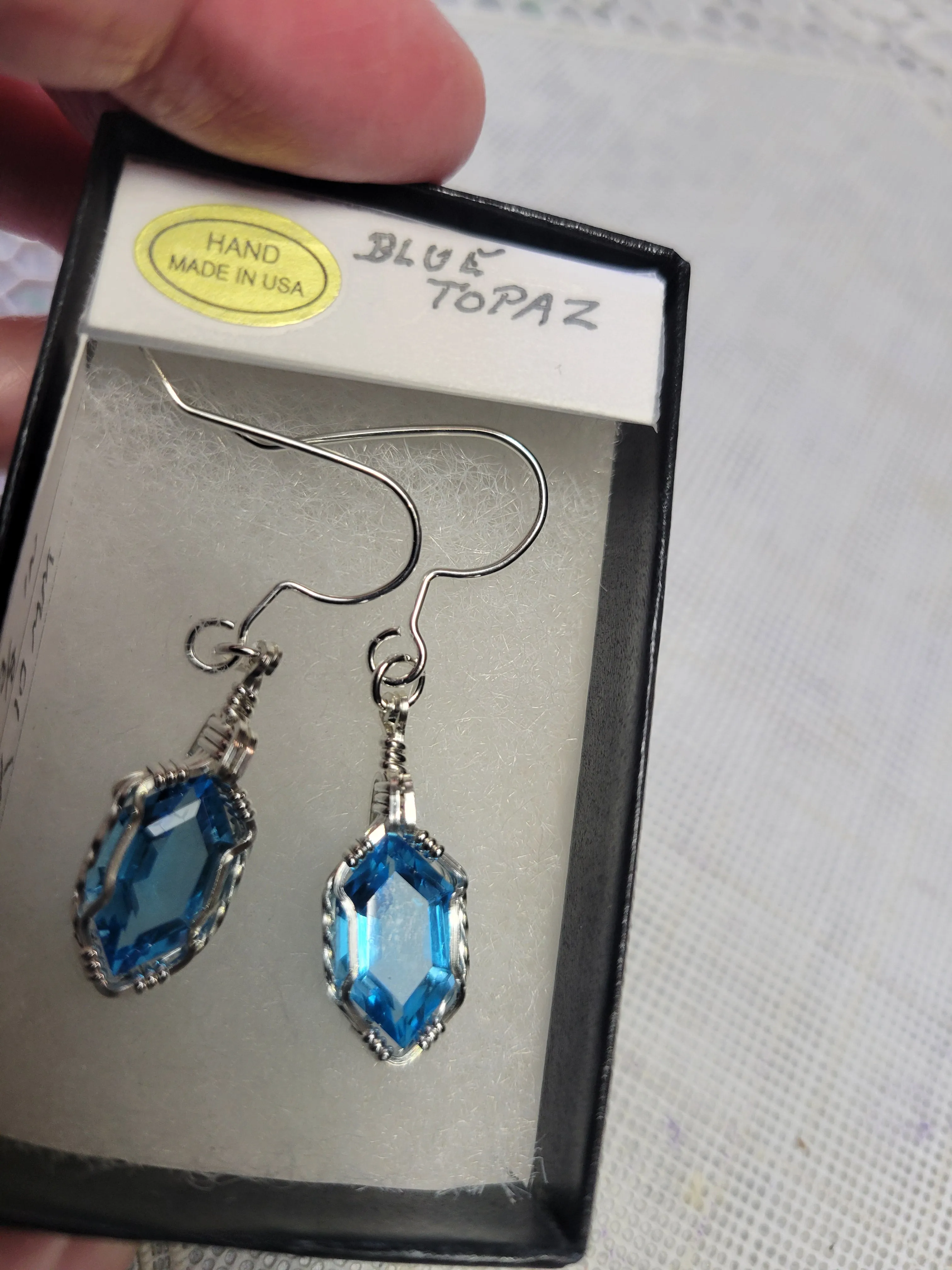 Custom Wire Wrapped Faceted Blue Topaz Earrings 8 ct Sterling Silver