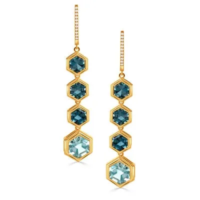 Doves 18K Yellow Gold Blue Topaz and Diamond Dangle Earrings