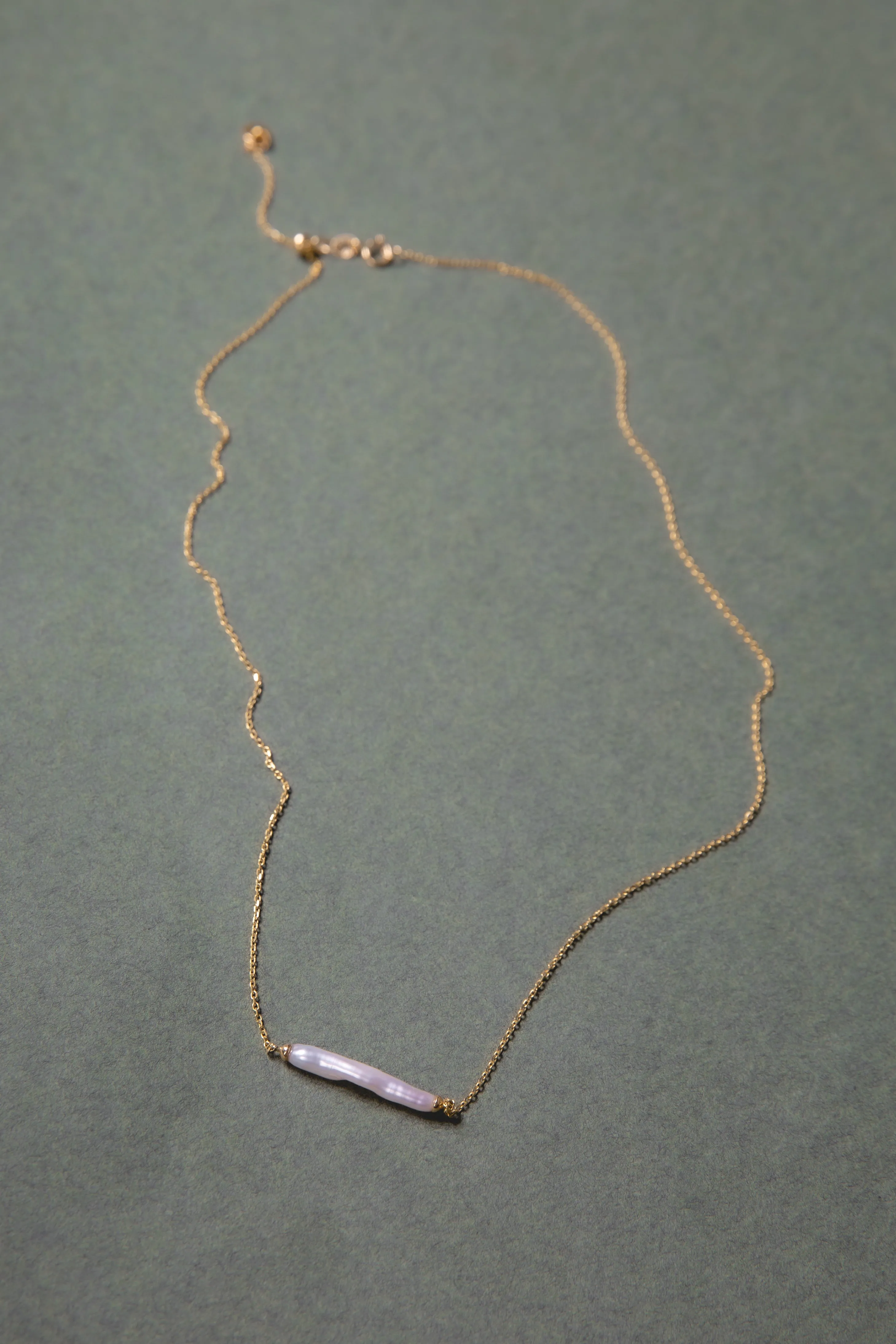 Elongated Keshi Pearl Adjustable Necklace, Solid 14k Gold