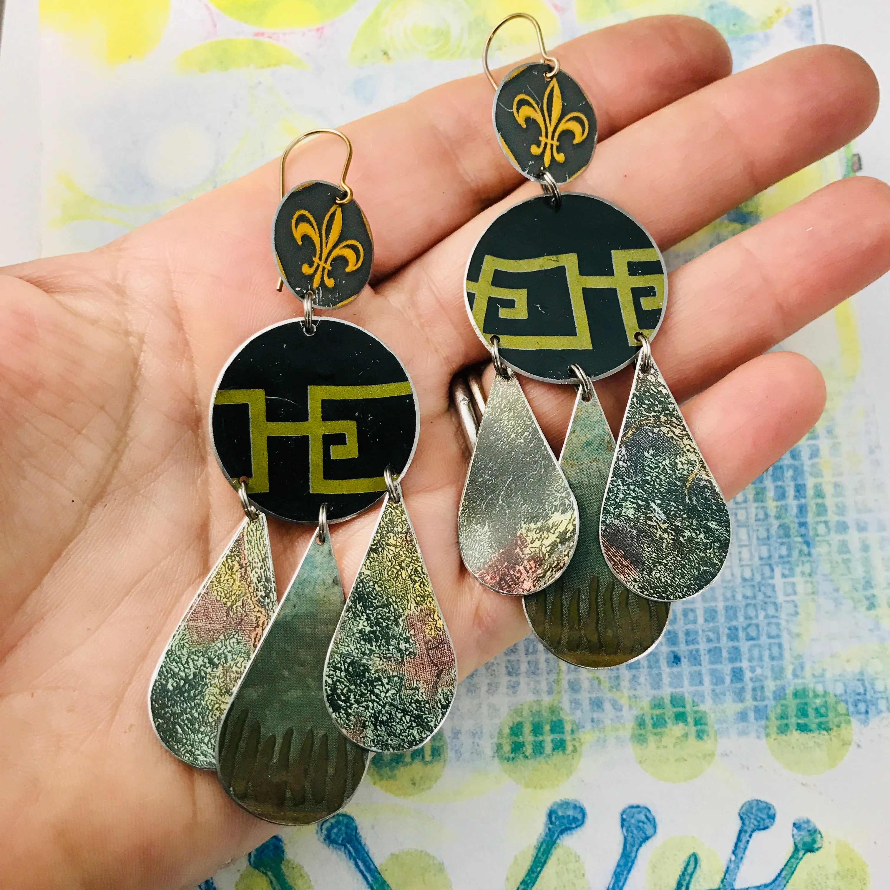 Fleur de Lis & Forest Tin Chandelier Earrings