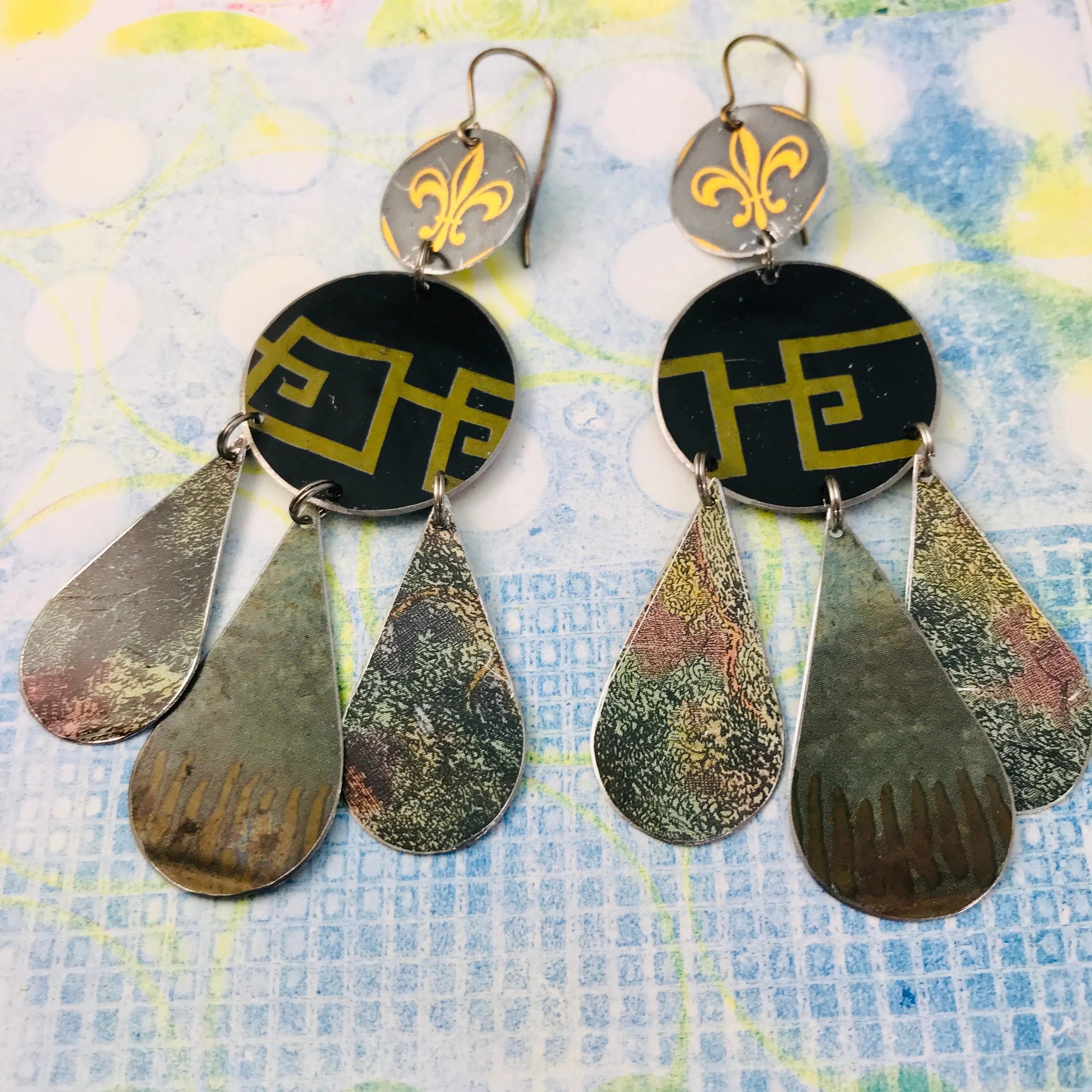 Fleur de Lis & Forest Tin Chandelier Earrings