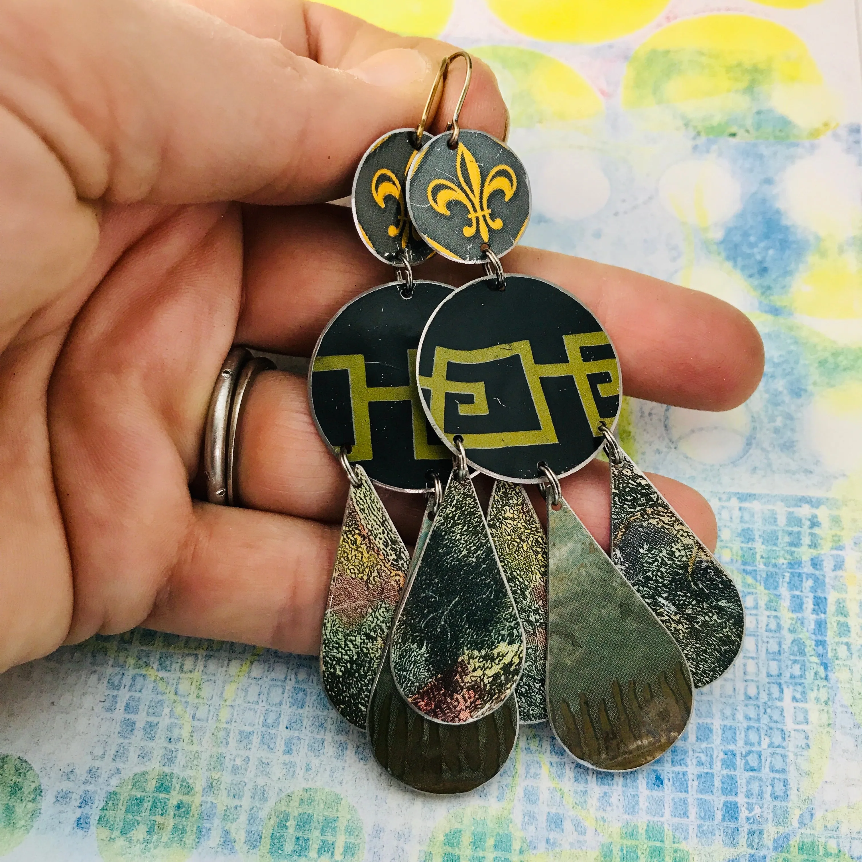Fleur de Lis & Forest Tin Chandelier Earrings