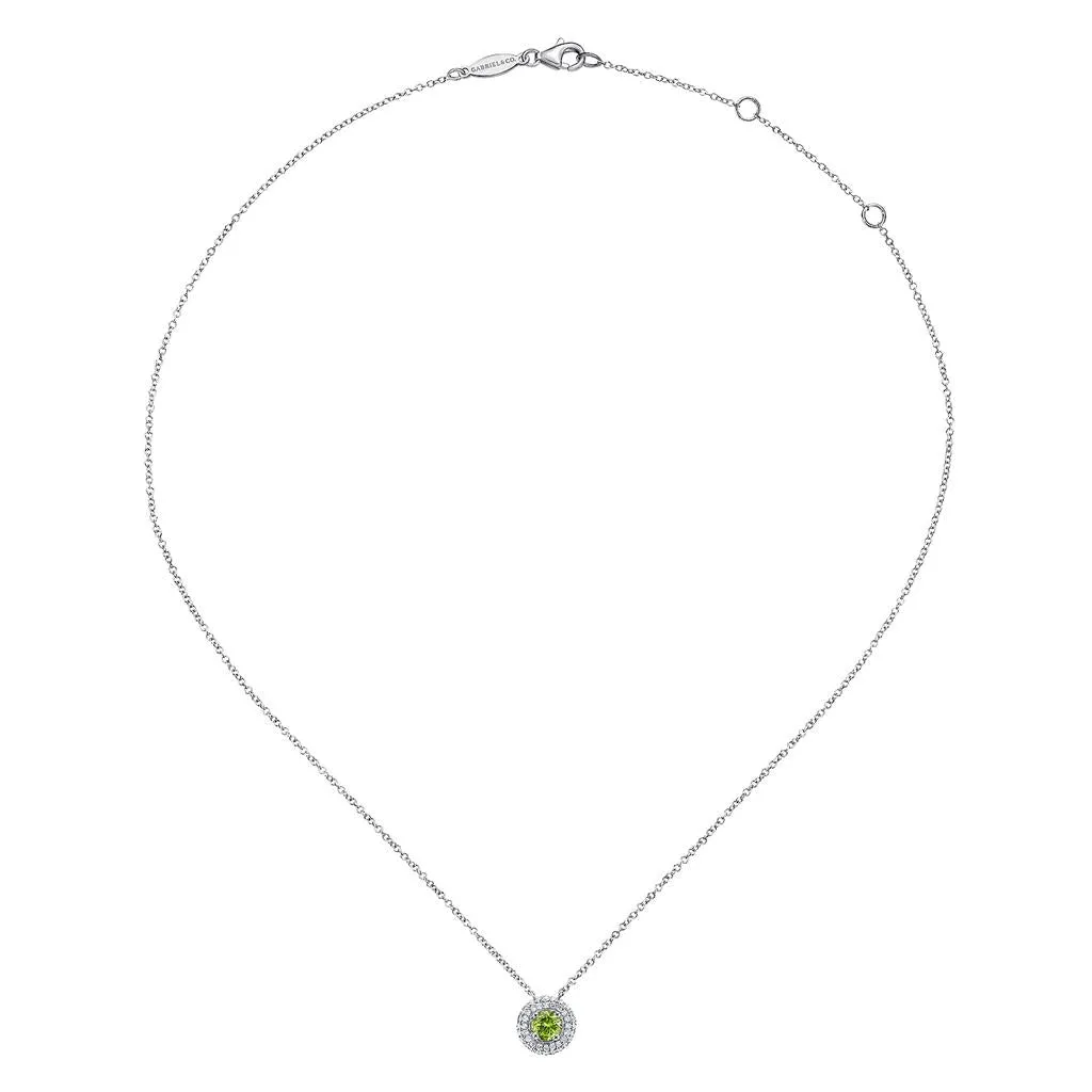 Gabriel & Co 14k White Gold Peridot and Diamond Halo Necklace
