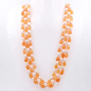 Gemstone W/ Pearl Necklace Gemstone Necklace Layered Necklace Orange Quartz Necklace Fresh Water Pearl Necklace Indian Necklace SKU 6143163