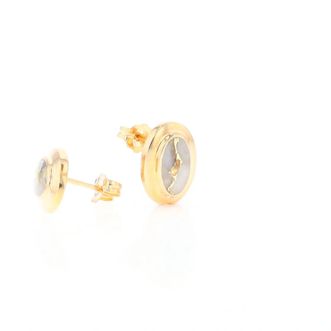 Gold Quartz Earrings Oval Inlaid Design Studs