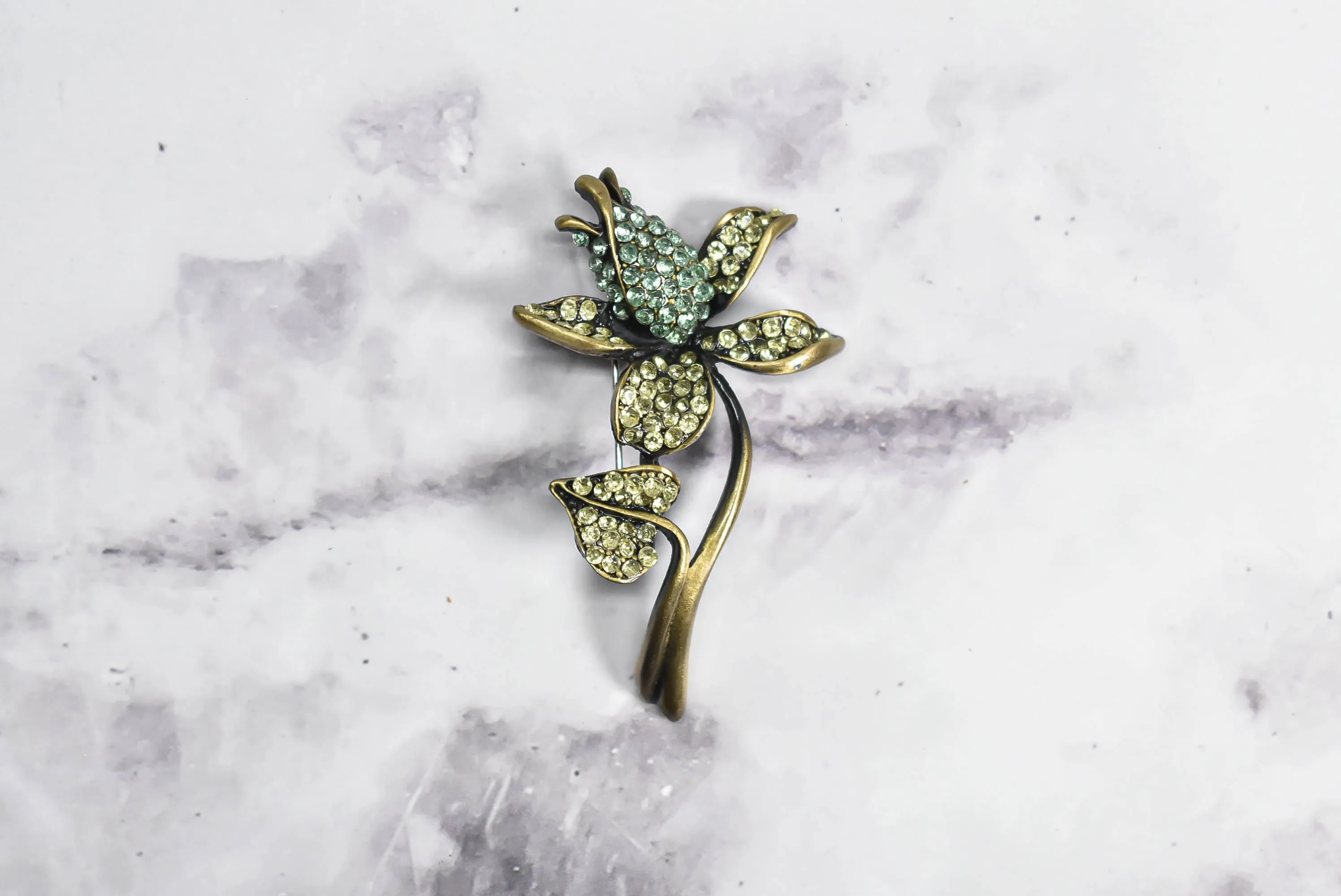 Green and Blue Rhinestone Flower Brooch with Pin - 1.50" x 2.50" - 1 Yard