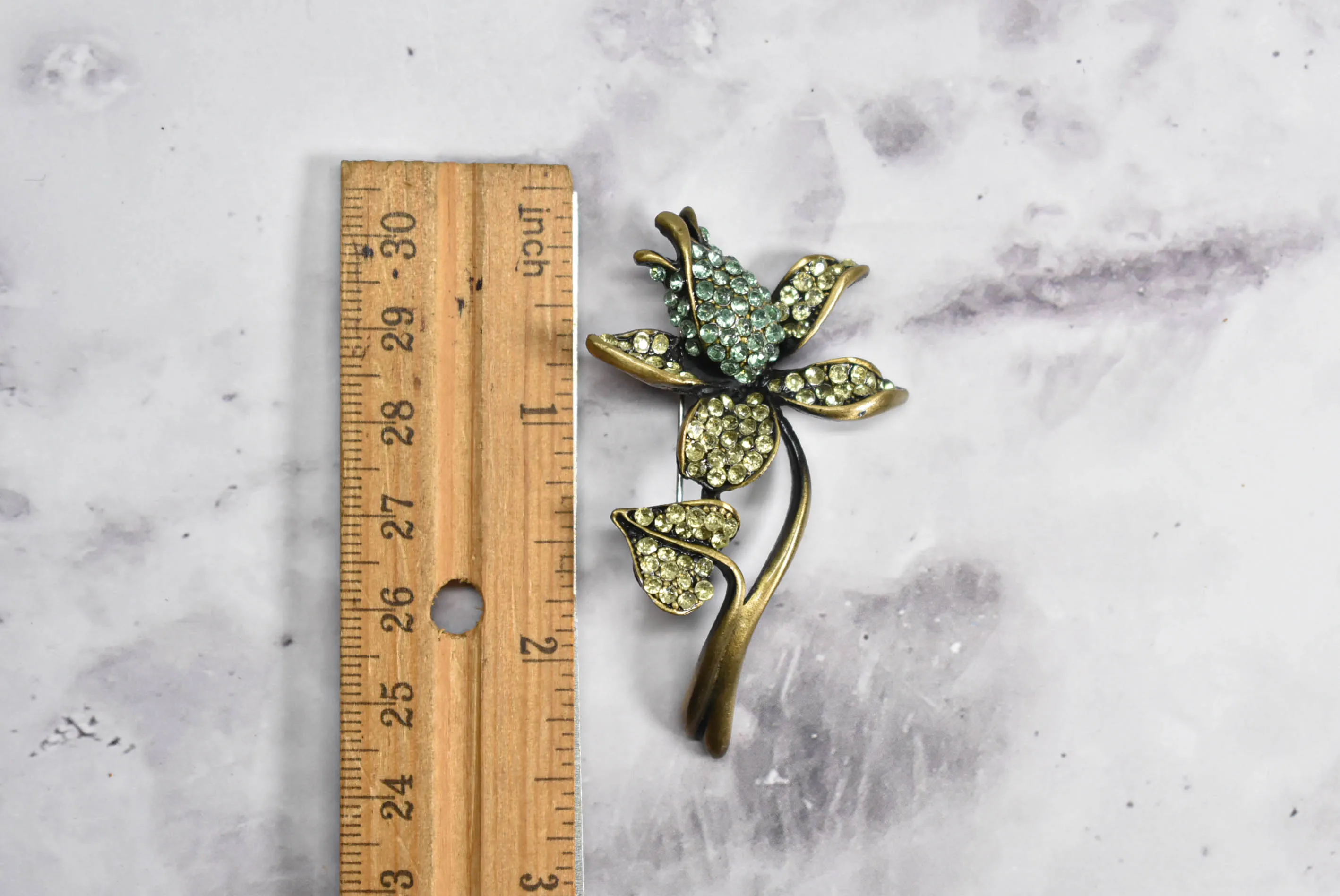 Green and Blue Rhinestone Flower Brooch with Pin - 1.50" x 2.50" - 1 Yard