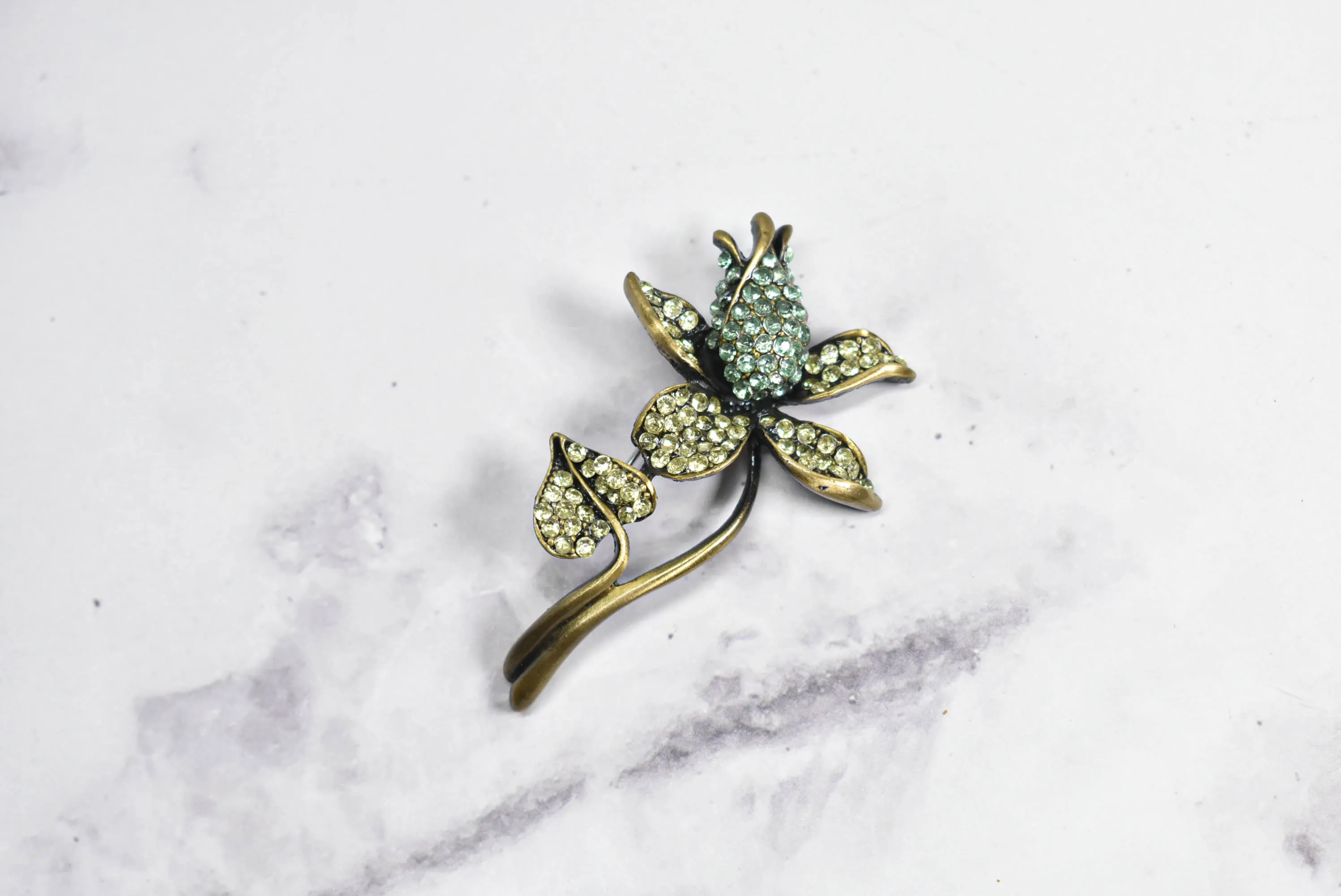 Green and Blue Rhinestone Flower Brooch with Pin - 1.50" x 2.50" - 1 Yard