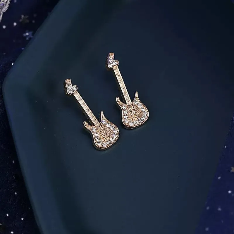 Guitar Brooch / Pin - Silver with Crystals