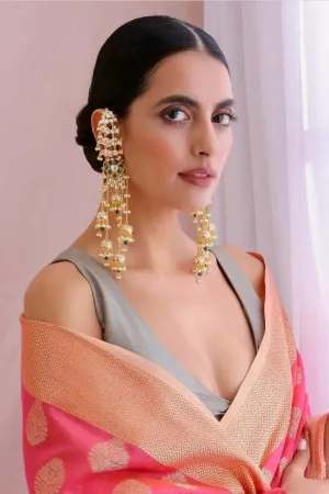 Hafsa - Golden Moissanite Polki & Kundan Long Earcuff Earrings