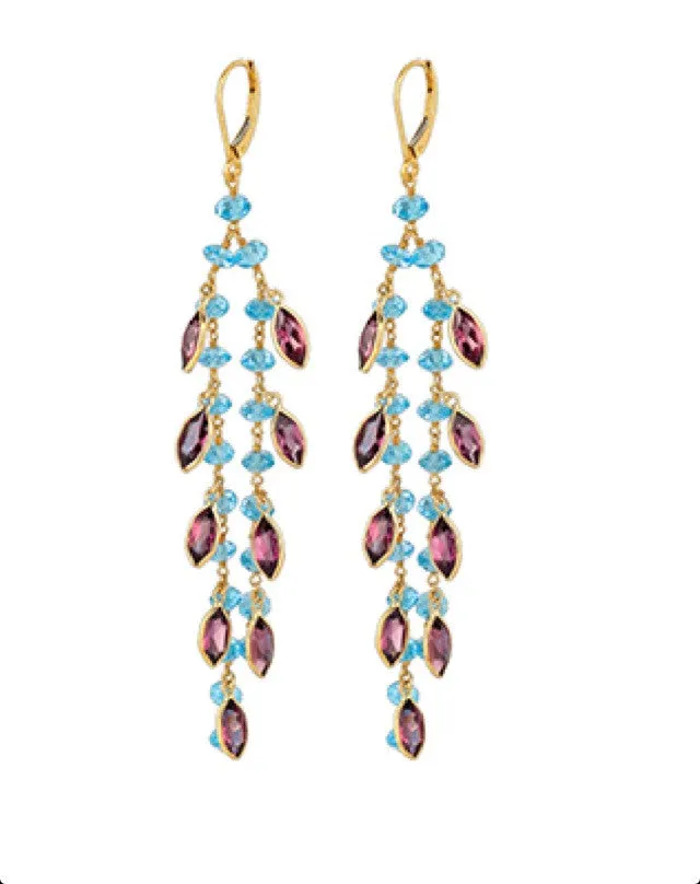 Hand Wrapped Blue Topaz and Garnet Earrings