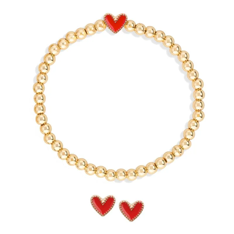 Heart Stretch Bracelet   Stud Earring Set In Red
