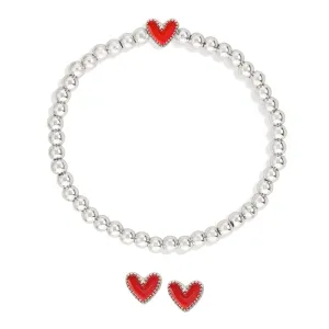 Heart Stretch Bracelet   Stud Earring Set In Red