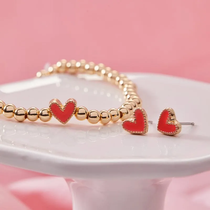 Heart Stretch Bracelet   Stud Earring Set In Red